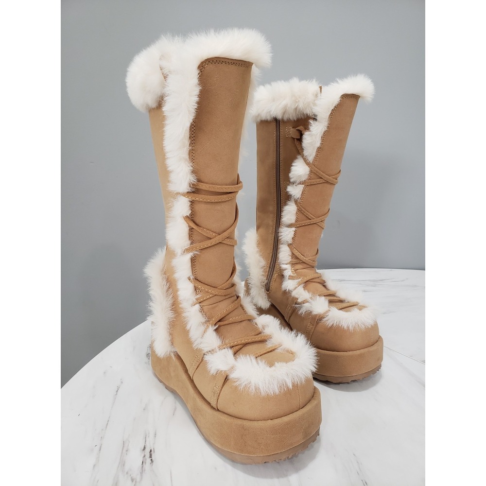 SIZE 7 DEMONIA CUBBY 311 Camel Platform Lace Up Fur Trim Mid Calf Boots RAVE